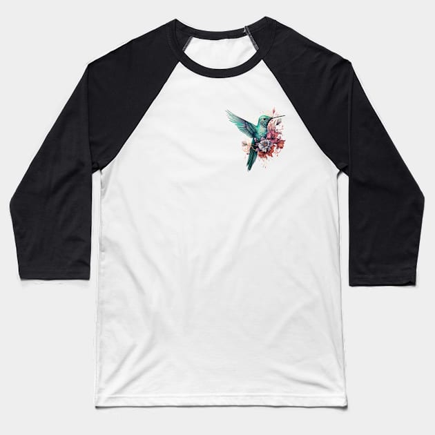 Hummingbird and Floral Illustration Baseball T-Shirt by MetaBrush